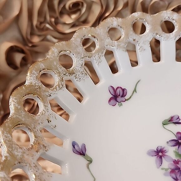 Vintage Thames Handpainted Dainty Violet Pedestal Cutwork Dish Coquette Bridal - Picture 5 of 9